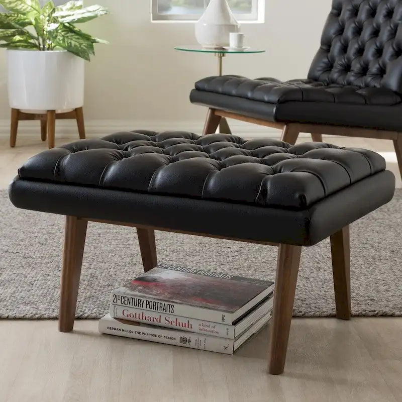 Pouf capitonné gris/noir de style Mid-Century, une place