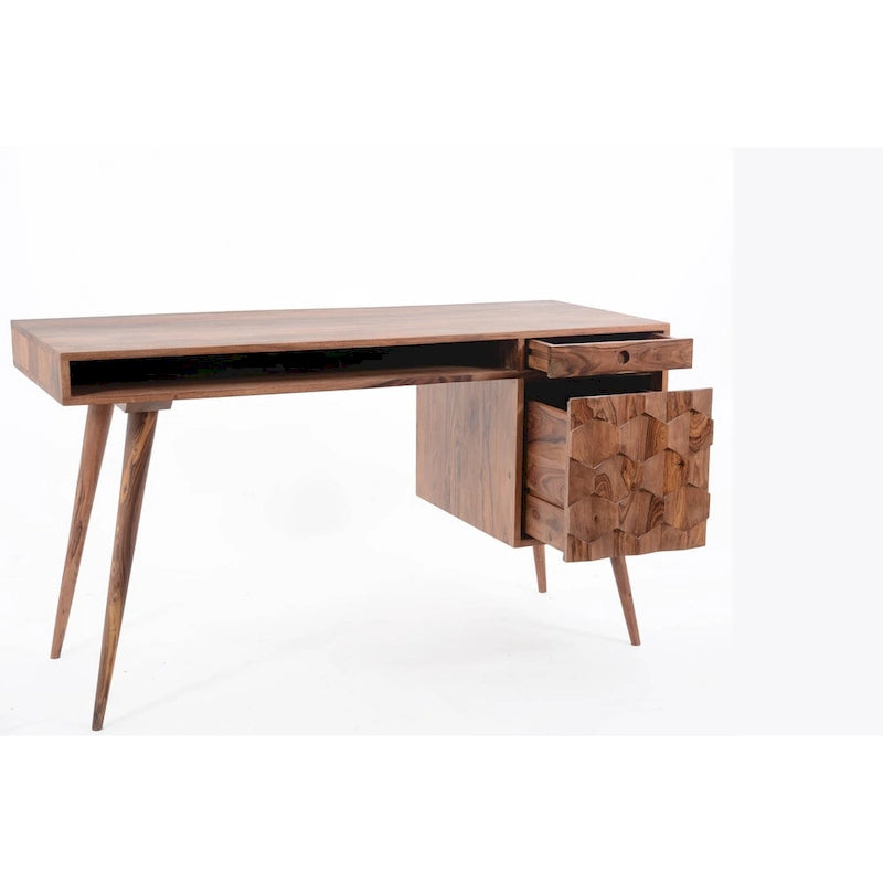Bureau d'écriture moderne du milieu du siècle en brun naturel / blanc / chêne clair, simple, bois et métal