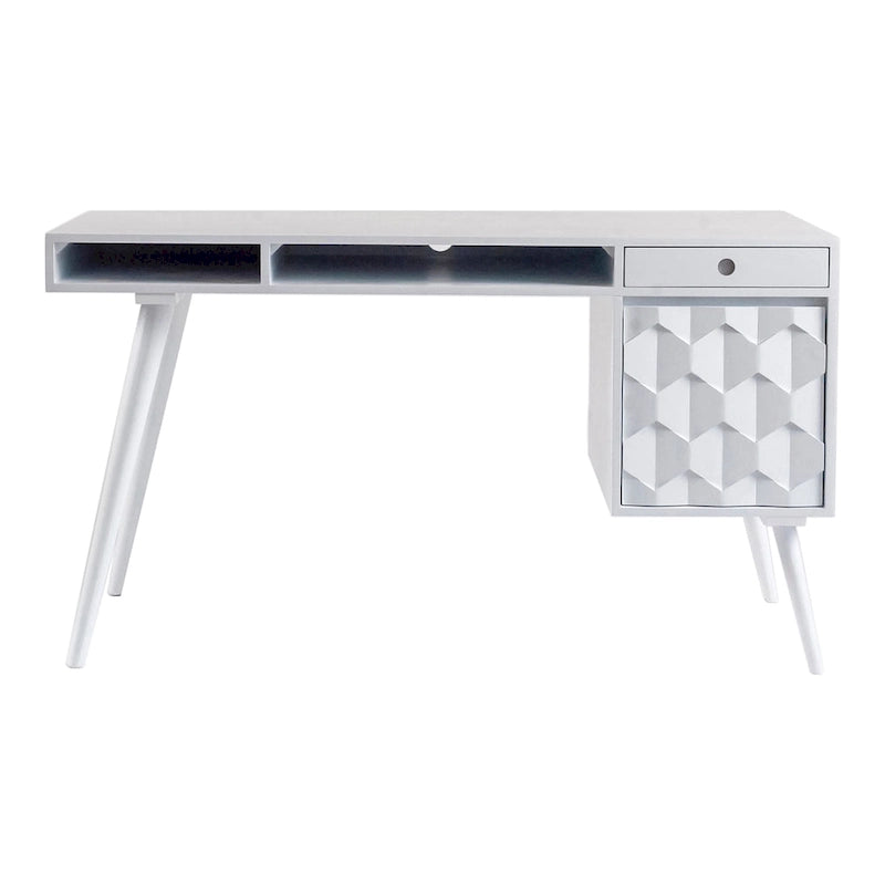 Bureau d'écriture moderne du milieu du siècle en brun naturel / blanc / chêne clair, simple, bois et métal