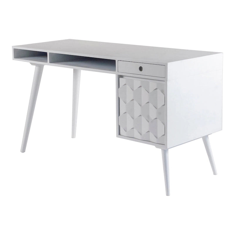 Bureau d'écriture moderne du milieu du siècle en brun naturel / blanc / chêne clair, simple, bois et métal