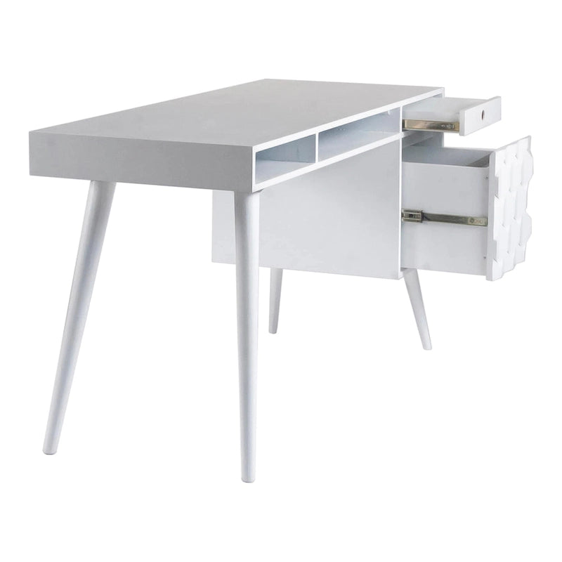 Bureau d'écriture moderne du milieu du siècle en brun naturel / blanc / chêne clair, simple, bois et métal