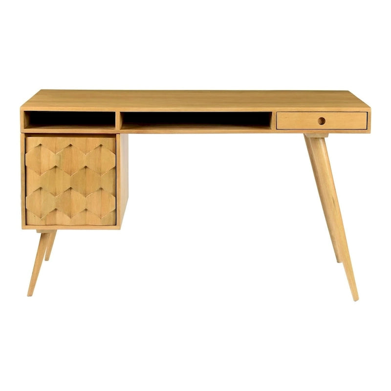 Bureau d'écriture moderne du milieu du siècle en brun naturel / blanc / chêne clair, simple, bois et métal