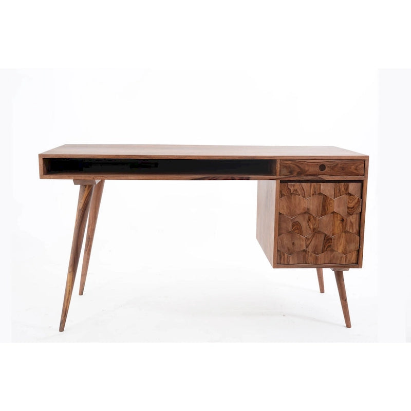 Bureau d'écriture moderne du milieu du siècle en brun naturel / blanc / chêne clair, simple, bois et métal