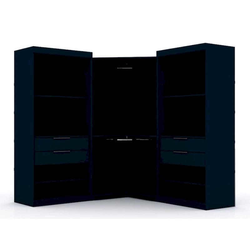 Armoire d'angle moderne bleu nuit/marron/blanc, 3 sections ouvertes, 1 personne