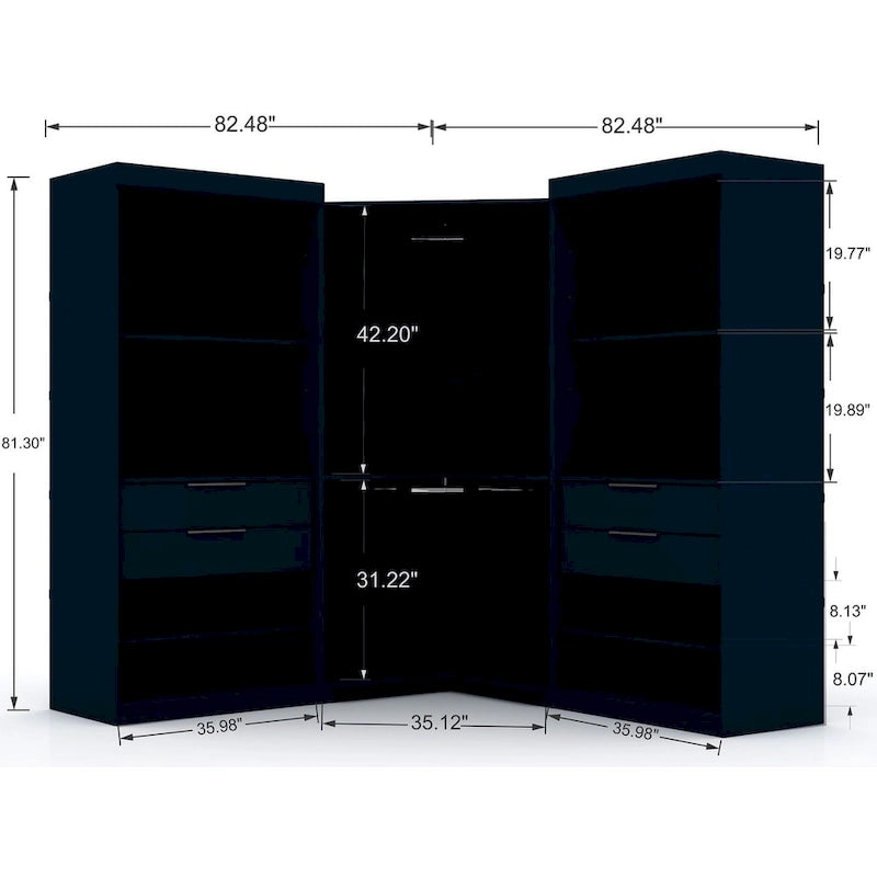 Armoire d'angle moderne bleu nuit/marron/blanc, 3 sections ouvertes, 1 personne