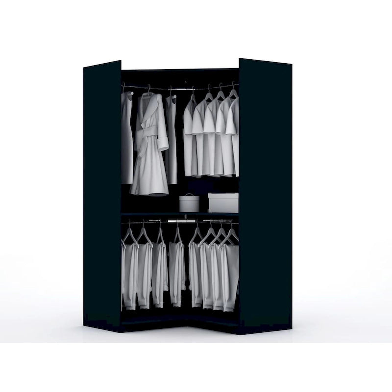 Armoire d'angle moderne bleu nuit/marron/blanc, 3 sections ouvertes, 1 personne