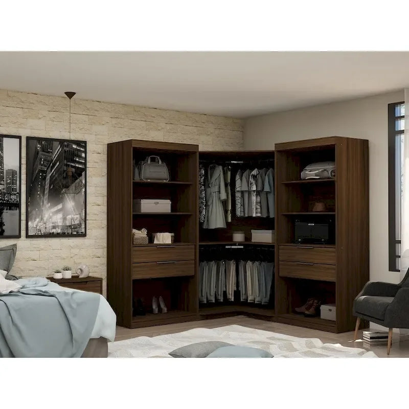 Armoire d'angle moderne bleu nuit/marron/blanc, 3 sections ouvertes, 1 personne