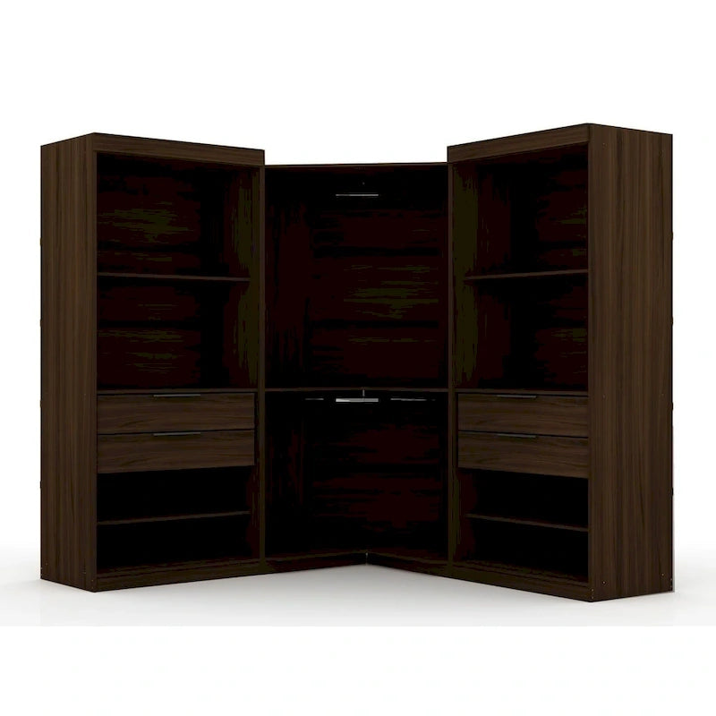 Armoire d'angle moderne bleu nuit/marron/blanc, 3 sections ouvertes, 1 personne