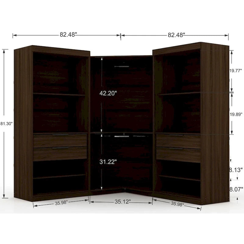 Armoire d'angle moderne bleu nuit/marron/blanc, 3 sections ouvertes, 1 personne