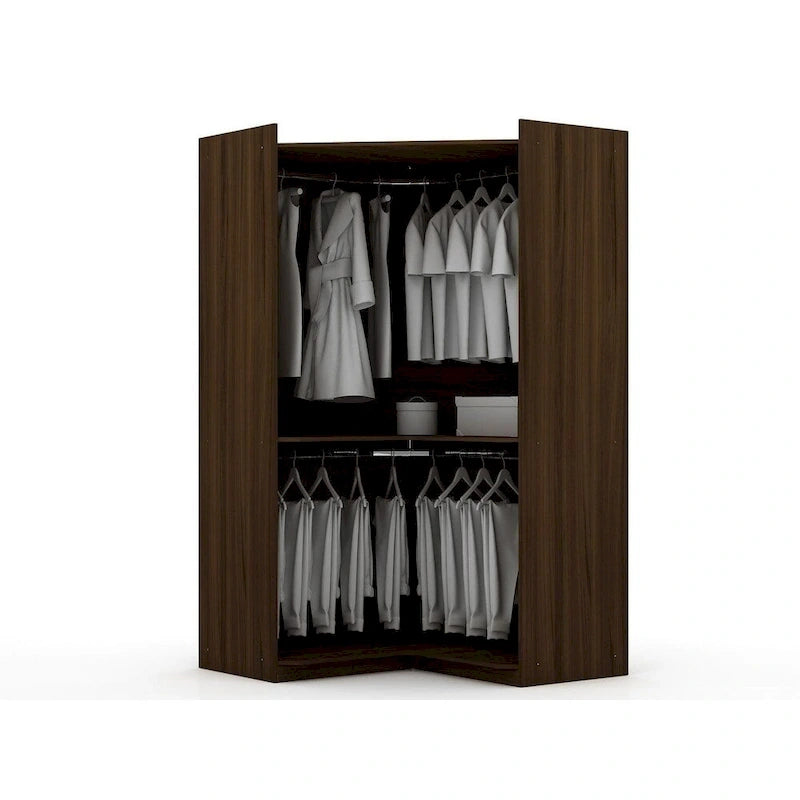 Armoire d'angle moderne bleu nuit/marron/blanc, 3 sections ouvertes, 1 personne