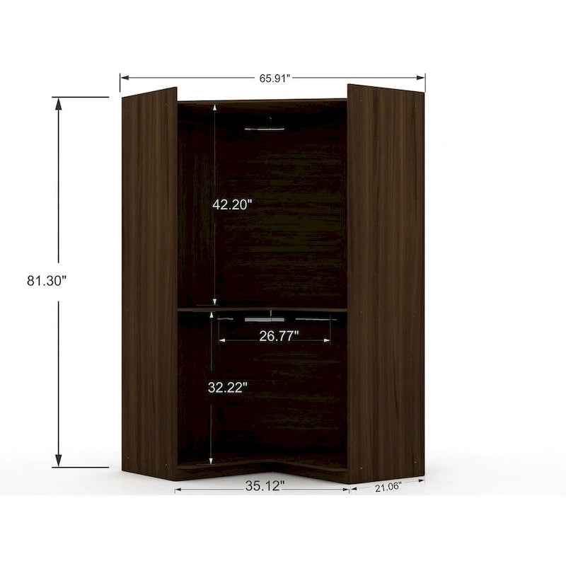 Armoire d'angle moderne bleu nuit/marron/blanc, 3 sections ouvertes, 1 personne