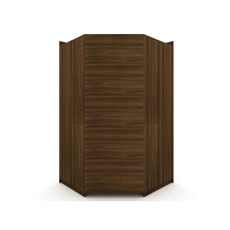 Armoire d'angle moderne bleu nuit/marron/blanc, 3 sections ouvertes, 1 personne