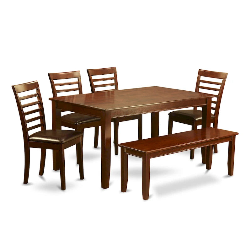 Ensemble de salle à manger en acajou 6 personnes, options de chaises en bois/similicuir – Table, 4 chaises et banc