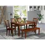 Ensemble de salle à manger en acajou 6 personnes, options de chaises en bois/similicuir – Table, 4 chaises et banc