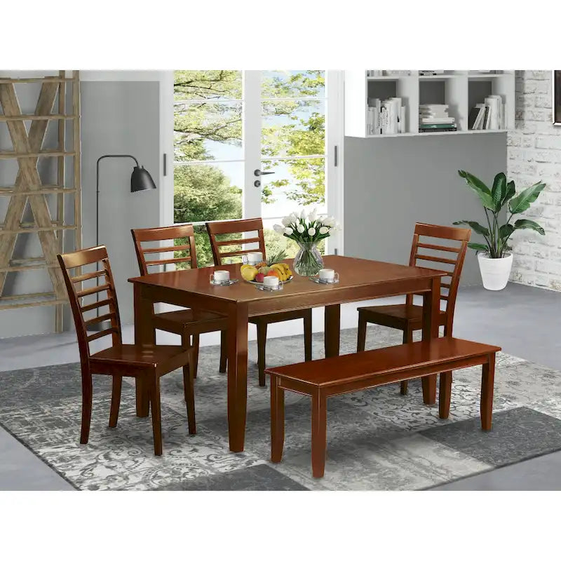 Ensemble de salle à manger en acajou 6 personnes, options de chaises en bois/similicuir – Table, 4 chaises et banc