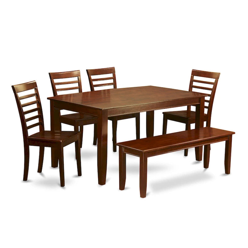 Ensemble de salle à manger en acajou 6 personnes, options de chaises en bois/similicuir – Table, 4 chaises et banc
