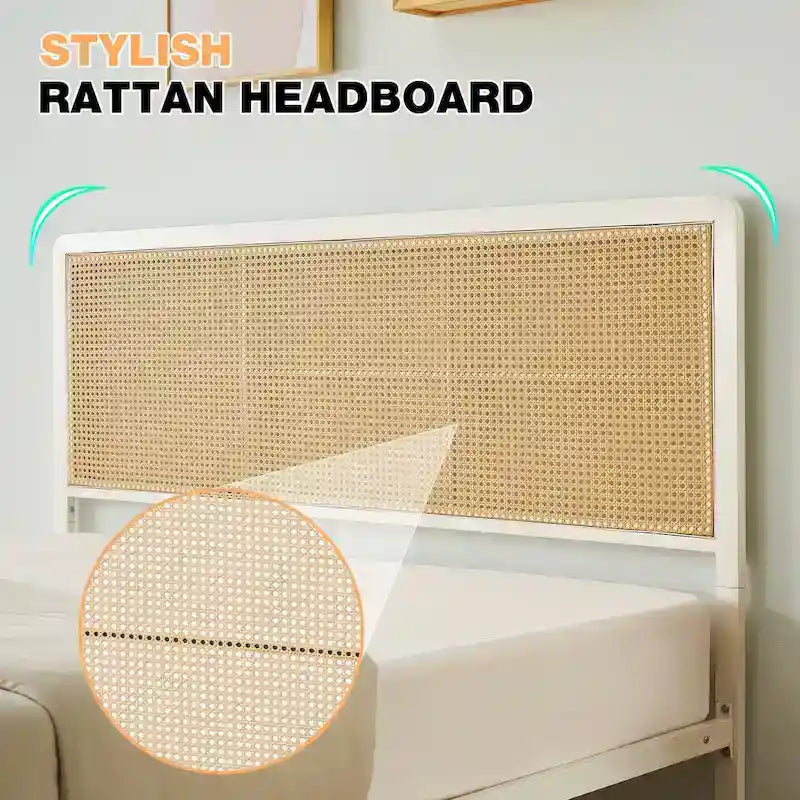 Cadre de lit plateforme en rotin noir/blanc avec tête de lit LED – Lit double/grand, 1 à 2 places