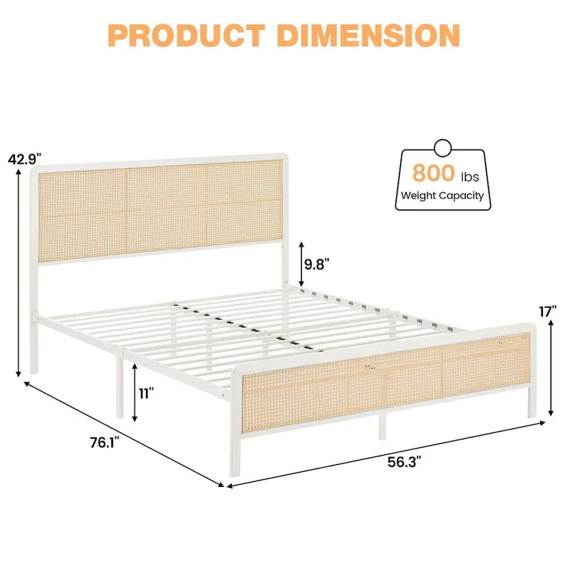 Cadre de lit plateforme en rotin noir/blanc avec tête de lit LED – Lit double/grand, 1 à 2 places