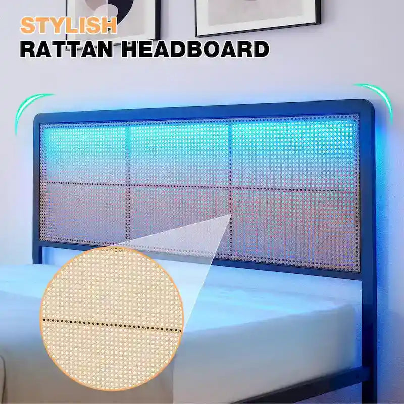 Cadre de lit plateforme en rotin noir/blanc avec tête de lit LED – Lit double/grand, 1 à 2 places