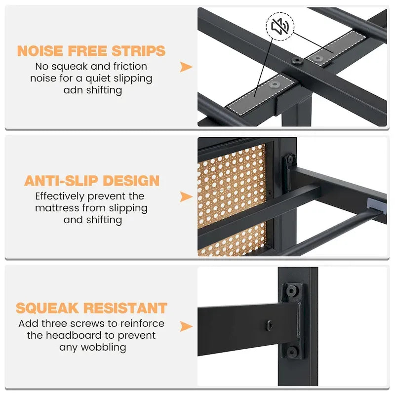 Cadre de lit plateforme en rotin noir/blanc avec tête de lit LED – Lit double/grand, 1 à 2 places