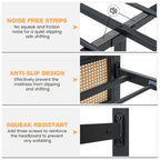 Cadre de lit plateforme en rotin noir/blanc avec tête de lit LED – Lit double/grand, 1 à 2 places