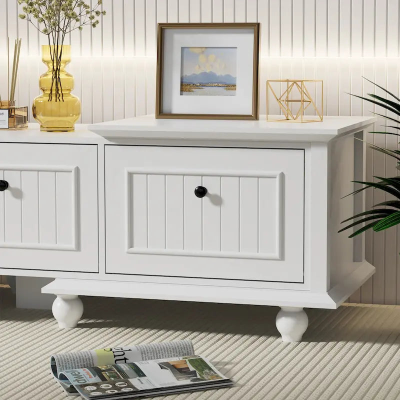 Meuble TV extensible blanc avec rangement, convient aux téléviseurs jusqu'à 85 pouces
