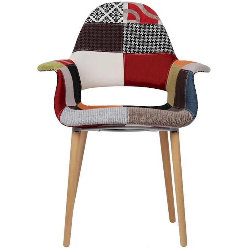 Fauteuil d'appoint rembourré en tissu patchwork multicolore / uni avec pieds en bois – Siège unique