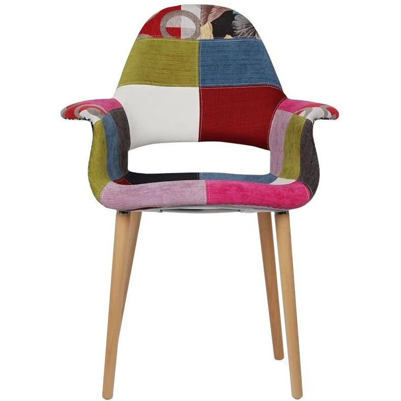 Fauteuil d'appoint rembourré en tissu patchwork multicolore / uni avec pieds en bois – Siège unique