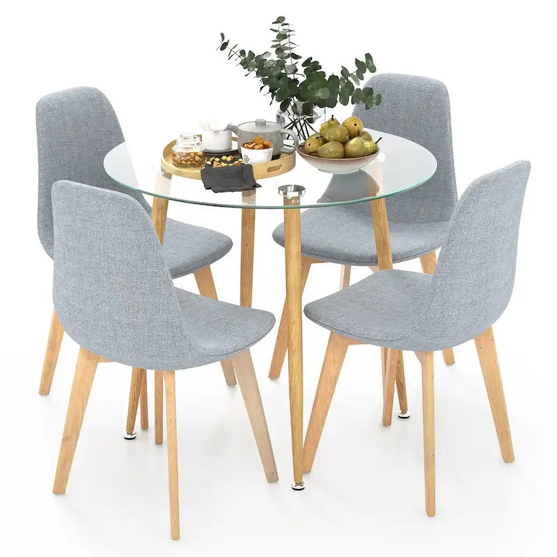 Ensemble de salle à manger 5 pièces en verre trempé rond et tissu gris pour 4 personnes