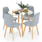 Ensemble de salle à manger 5 pièces en verre trempé rond et tissu gris pour 4 personnes