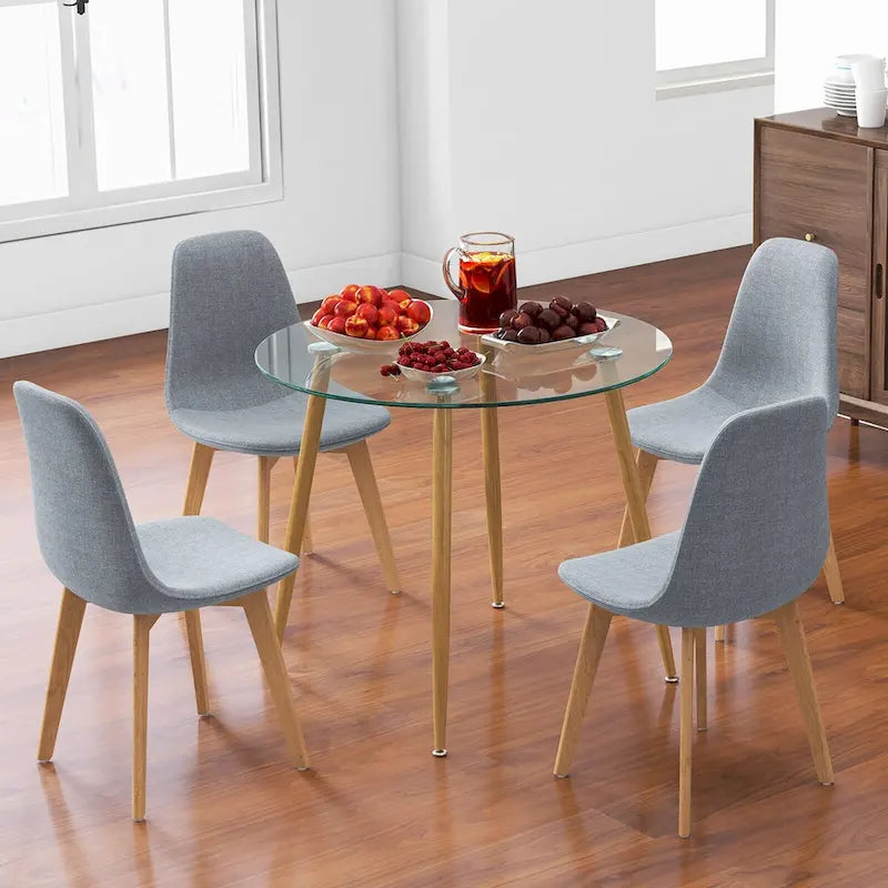 Ensemble de salle à manger 5 pièces en verre trempé rond et tissu gris pour 4 personnes
