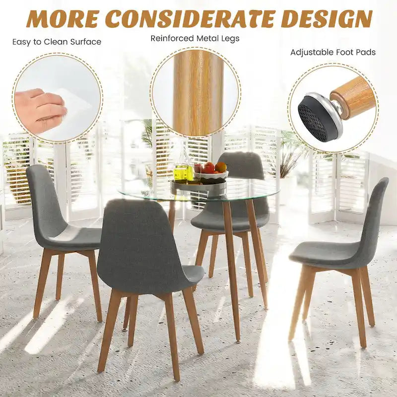 Ensemble de salle à manger 5 pièces en verre trempé rond et tissu gris pour 4 personnes
