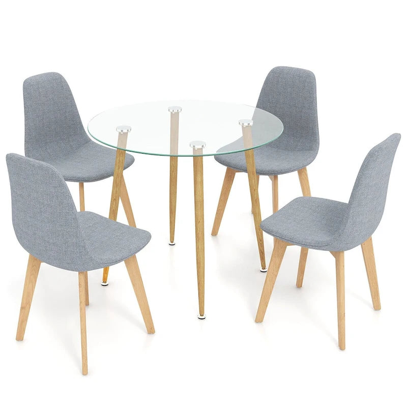 Ensemble de salle à manger 5 pièces en verre trempé rond et tissu gris pour 4 personnes