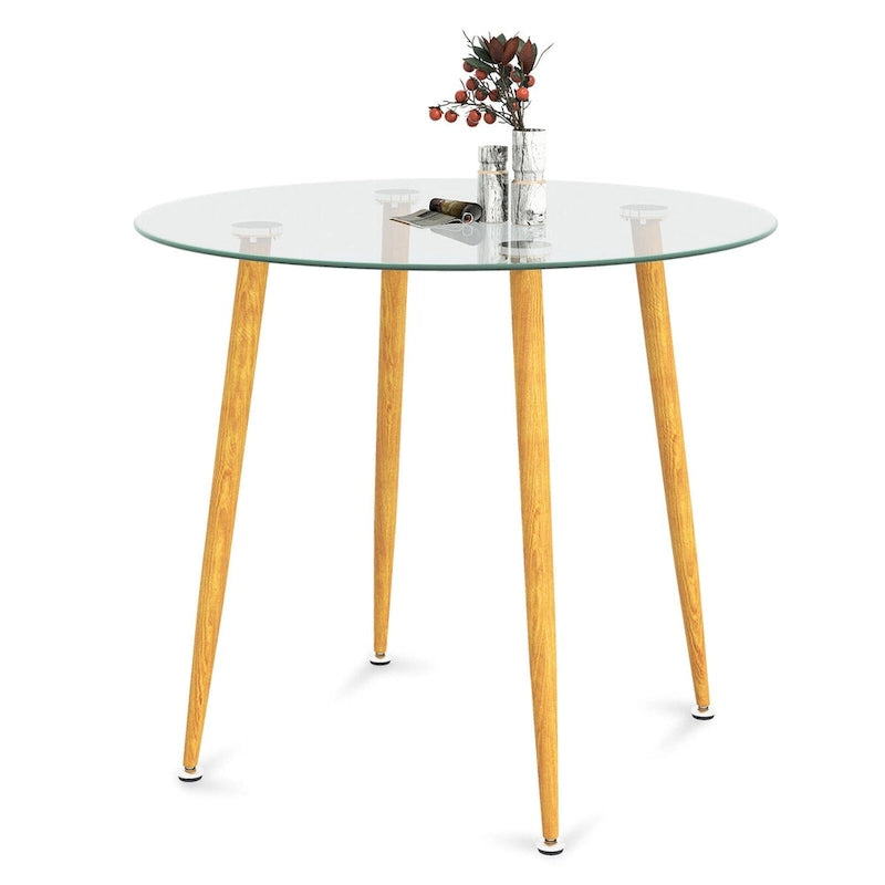 Ensemble de salle à manger 5 pièces en verre trempé rond et tissu gris pour 4 personnes