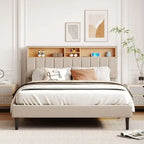 Lit plateforme en lin rembourré beige/marron avec tête de lit de rangement et station de charge, Queen/Full, pour 2