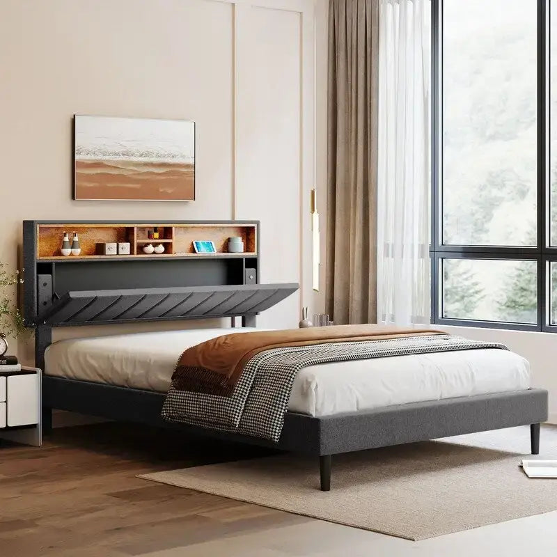 Lit plateforme en lin rembourré beige/marron avec tête de lit de rangement et station de charge, Queen/Full, pour 2