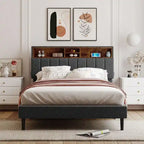 Lit plateforme en lin rembourré beige/marron avec tête de lit de rangement et station de charge, Queen/Full, pour 2