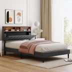 Lit plateforme en lin rembourré beige/marron avec tête de lit de rangement et station de charge, Queen/Full, pour 2