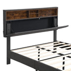 Lit plateforme en lin rembourré beige/marron avec tête de lit de rangement et station de charge, Queen/Full, pour 2