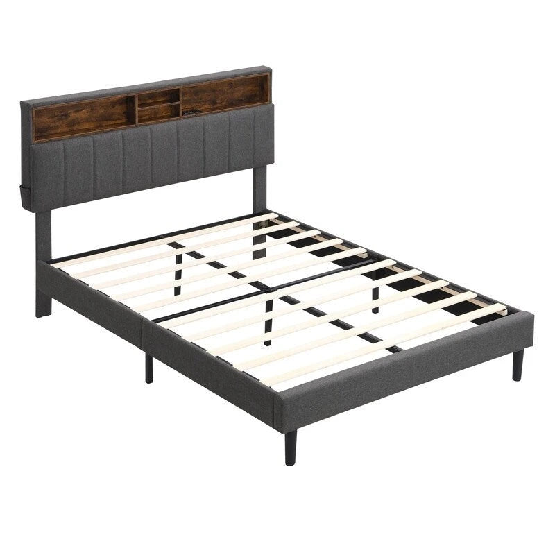 Lit plateforme en lin rembourré beige/marron avec tête de lit de rangement et station de charge, Queen/Full, pour 2