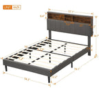 Lit plateforme en lin rembourré beige/marron avec tête de lit de rangement et station de charge, Queen/Full, pour 2