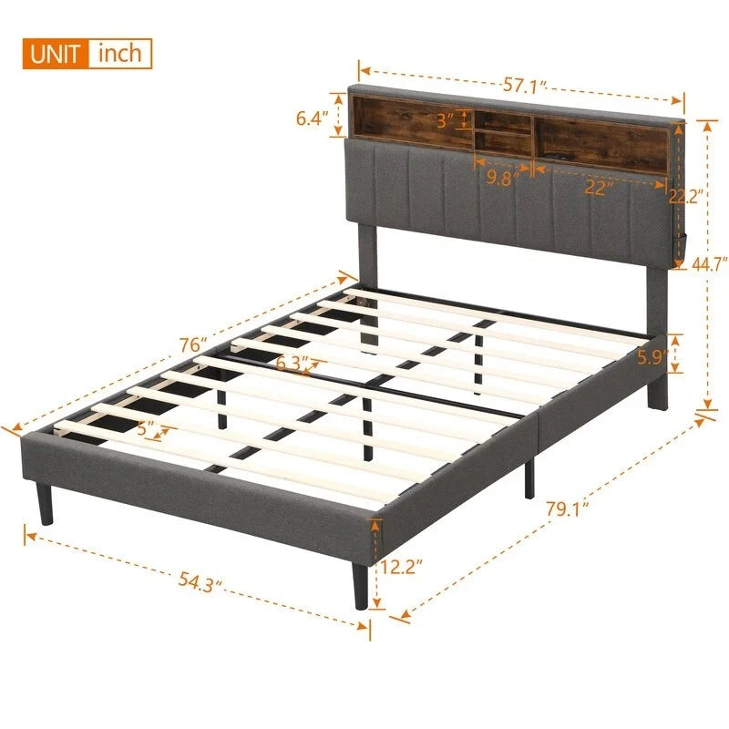 Lit plateforme en lin rembourré beige/marron avec tête de lit de rangement et station de charge, Queen/Full, pour 2