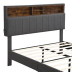 Lit plateforme en lin rembourré beige/marron avec tête de lit de rangement et station de charge, Queen/Full, pour 2