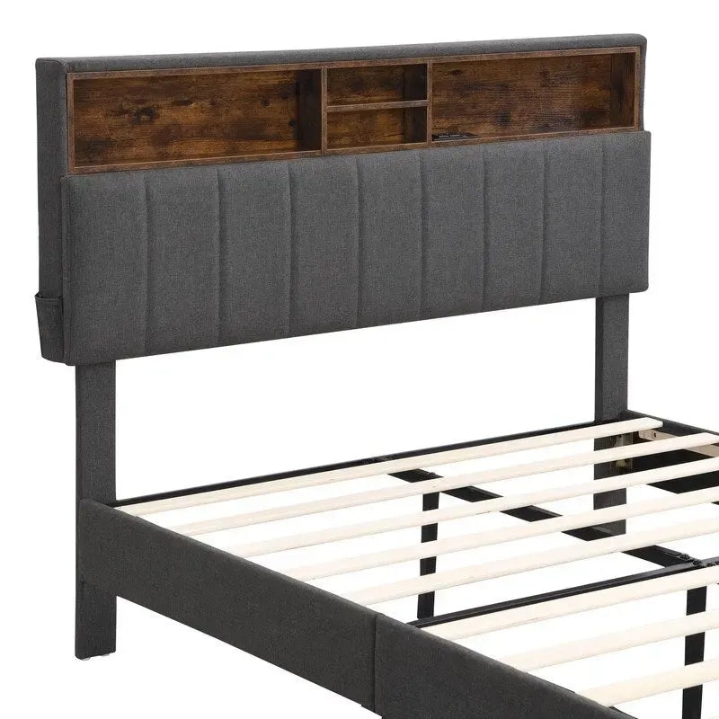 Lit plateforme en lin rembourré beige/marron avec tête de lit de rangement et station de charge, Queen/Full, pour 2