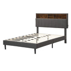 Lit plateforme en lin rembourré beige/marron avec tête de lit de rangement et station de charge, Queen/Full, pour 2