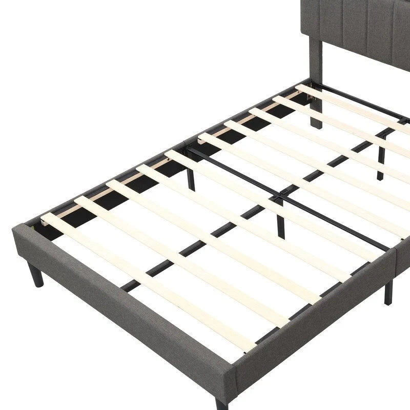 Lit plateforme en lin rembourré beige/marron avec tête de lit de rangement et station de charge, Queen/Full, pour 2