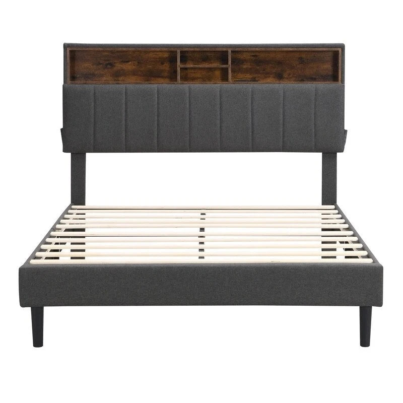 Lit plateforme en lin rembourré beige/marron avec tête de lit de rangement et station de charge, Queen/Full, pour 2