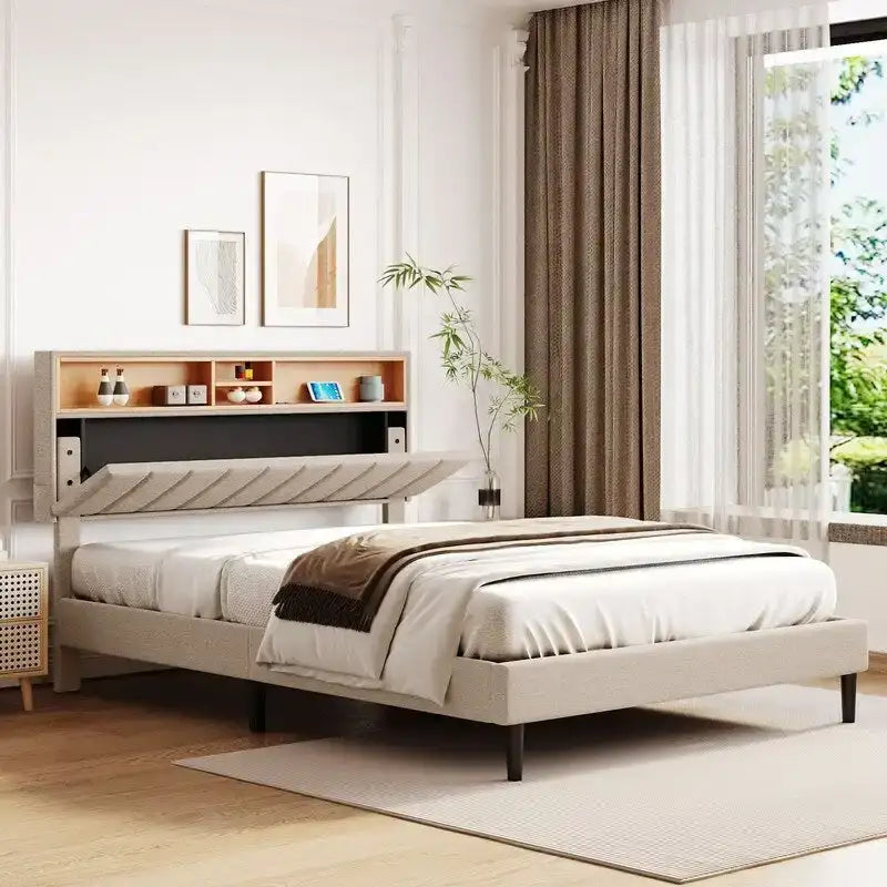 Lit plateforme en lin rembourré beige/marron avec tête de lit de rangement et station de charge, Queen/Full, pour 2