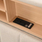 Lit plateforme en lin rembourré beige/marron avec tête de lit de rangement et station de charge, Queen/Full, pour 2