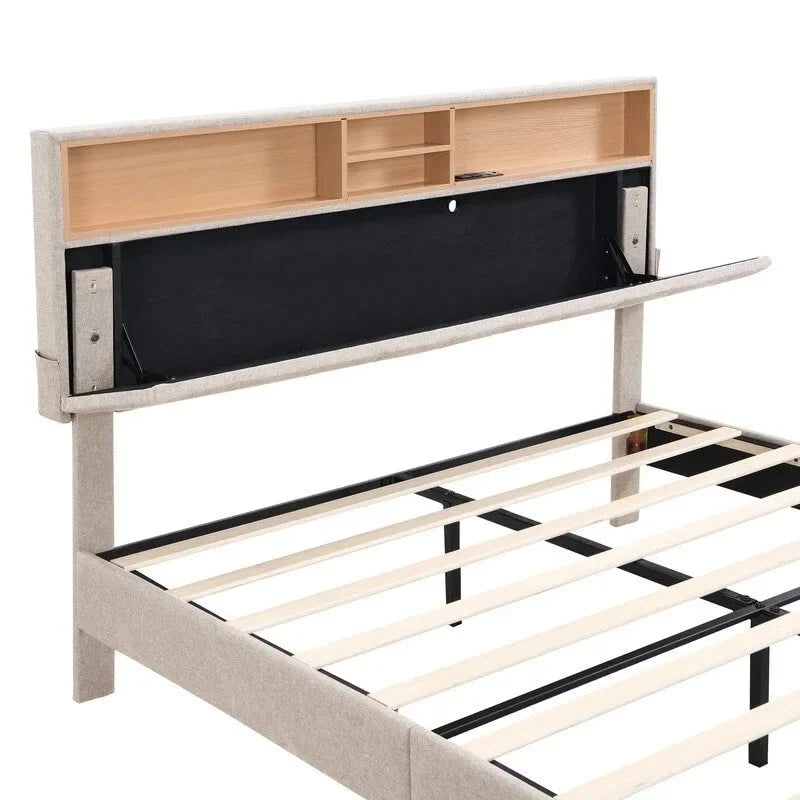 Lit plateforme en lin rembourré beige/marron avec tête de lit de rangement et station de charge, Queen/Full, pour 2
